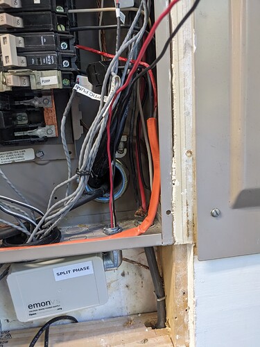 NA wiring emonVs to panel 08 mounted and wires into panel no breaker yet
