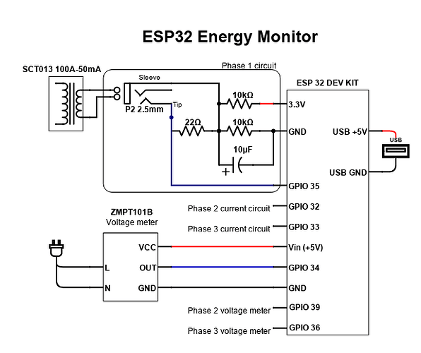 ESP32-Emon Current:Voltage Schematic